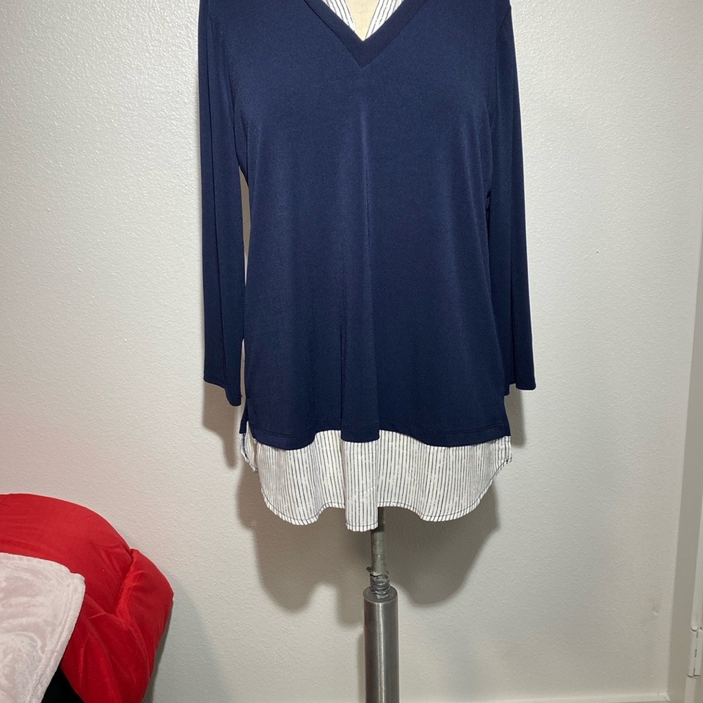Adrianna Papell Navy Blue V-Neck Layered Women's Top